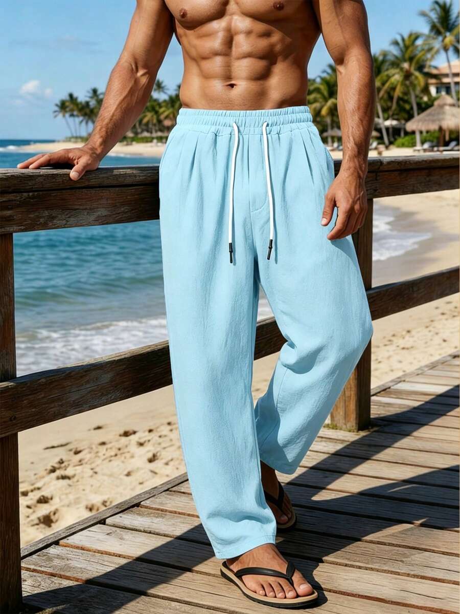 Manfinity RSRT Solid Color Elastic Waist Drawstring Casual Everyday Pants - Baby Blue - View 1