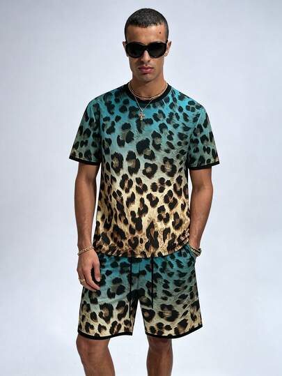 NobleFwd Conjunto de camiseta de manga corta y pantalones cortos para hombre con estampado de leopardo degradado estilo callejero, conjunto de 2 piezas de camiseta y pantalones cortos con estampado de leopardo degradado azul & amarillo casual vintage