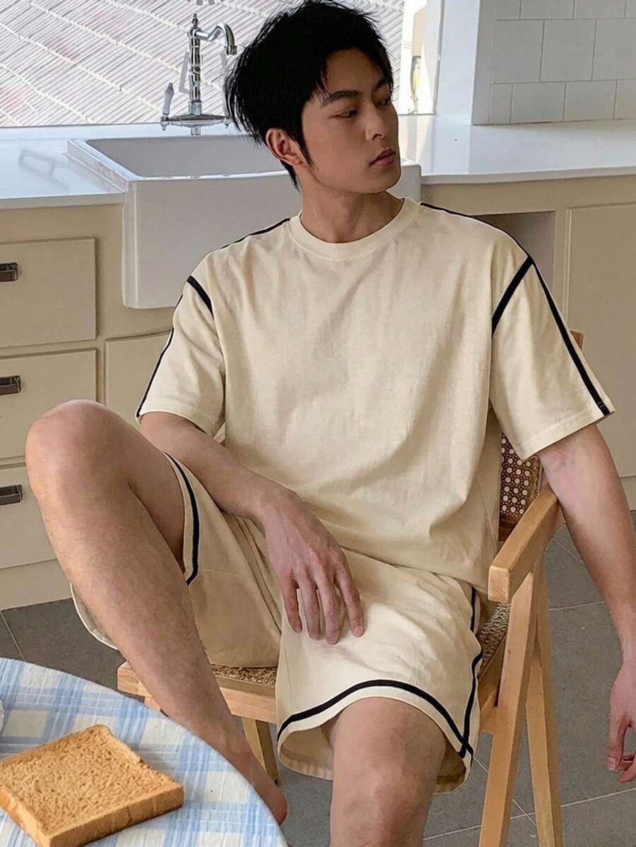 DAZY 夏季杏色短袖上衣與短褲男士居家休閒套裝睡衣 - 杏色 - 查看 1