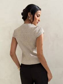 Aloruh Women's Elegant Casual Commute Short Sleeve Knit Cardigan, Minimalist Solid Color - Khaki - View 2
