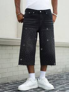 Manfinity EMRG Herren Lässig Gewaschene Jeans mit Strass-Verzierung 3/4 Länge - Schwarz - Übersicht 6