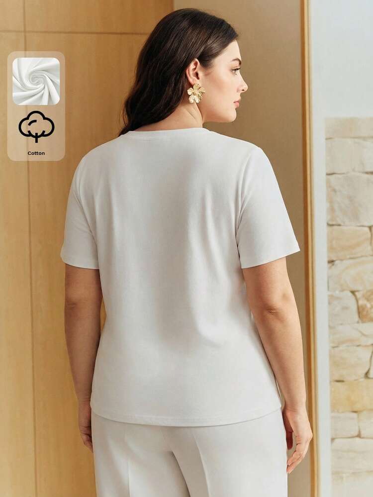 Anewsta New Casual Vacation Versatile Basic Crew Neck Short Sleeve Ocean Pearl Embroidery Jellyfish Craft Pattern 100% Pure Cotton Plus Size Women's T-Shirt
