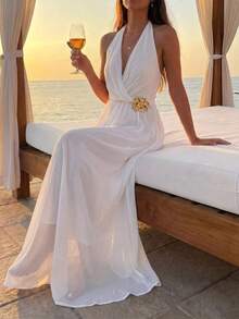 Aloruh Women's Metal Flower Decor Halter Dress Vacation White Summer Elegant,Wedding Guest Clothes - White - View 1