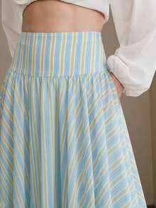 Anewsta Lazy Casual Bohemian Summer Vacation Style Blue Striped Patchwork Asymmetrical Flared Midi Skirt - Blue - View 5