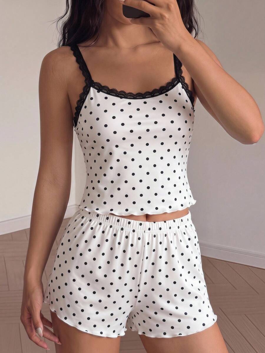 SHEIN 少女波点针织蕾丝边吊带背心和短裤休闲家居服套装 - 黑與白 - 查看 1