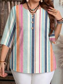EMERY ROSE Casual Minimalist Style Colorful Faux Texture All-Over Print Pattern Vacation Stripe Women's 3/4 Sleeve Shirt Suitable For Spring And Summer - Multicolor - View 6