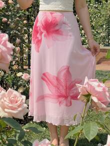 SHEIN MOD Women's Pink Floral Print Knit Skirt - Pink - View 5