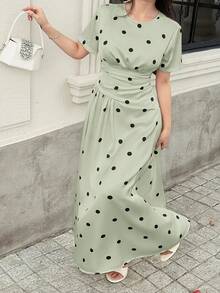Feyla Women's Colorblock Polka Dot Print Short Sleeve Long Dress - Green - View 9