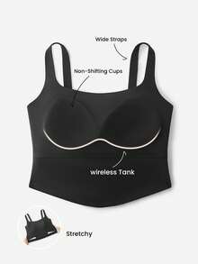LUVLETTE Bra Tanpa Kawat Tanpa Jahitan 2-in-1 Model Leher Persegi Terintegrasi, Cami Tanpa Punggung, Bra Santai Panjang, Atasan Tank Top Hitam Dasar - Hitam - View 8