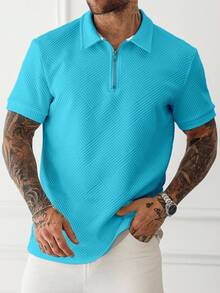 Manfinity Homme 男士短袖 1/4 前拉鍊極簡風格 Polo 衫 - 藍色 - 查看 3