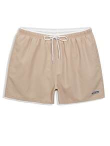 Palasendo Men Letter Graphic Drawstring Waist Swim Trunks - Khaki - View 3