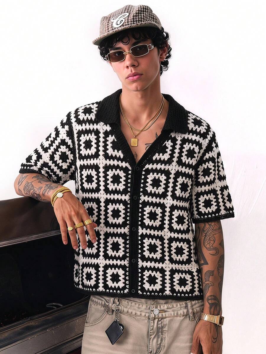 NORVETH Men's Striped Single-Breasted Casual Everyday Knit Top, Hawaii ,Summer,Vacation - Black - View 1