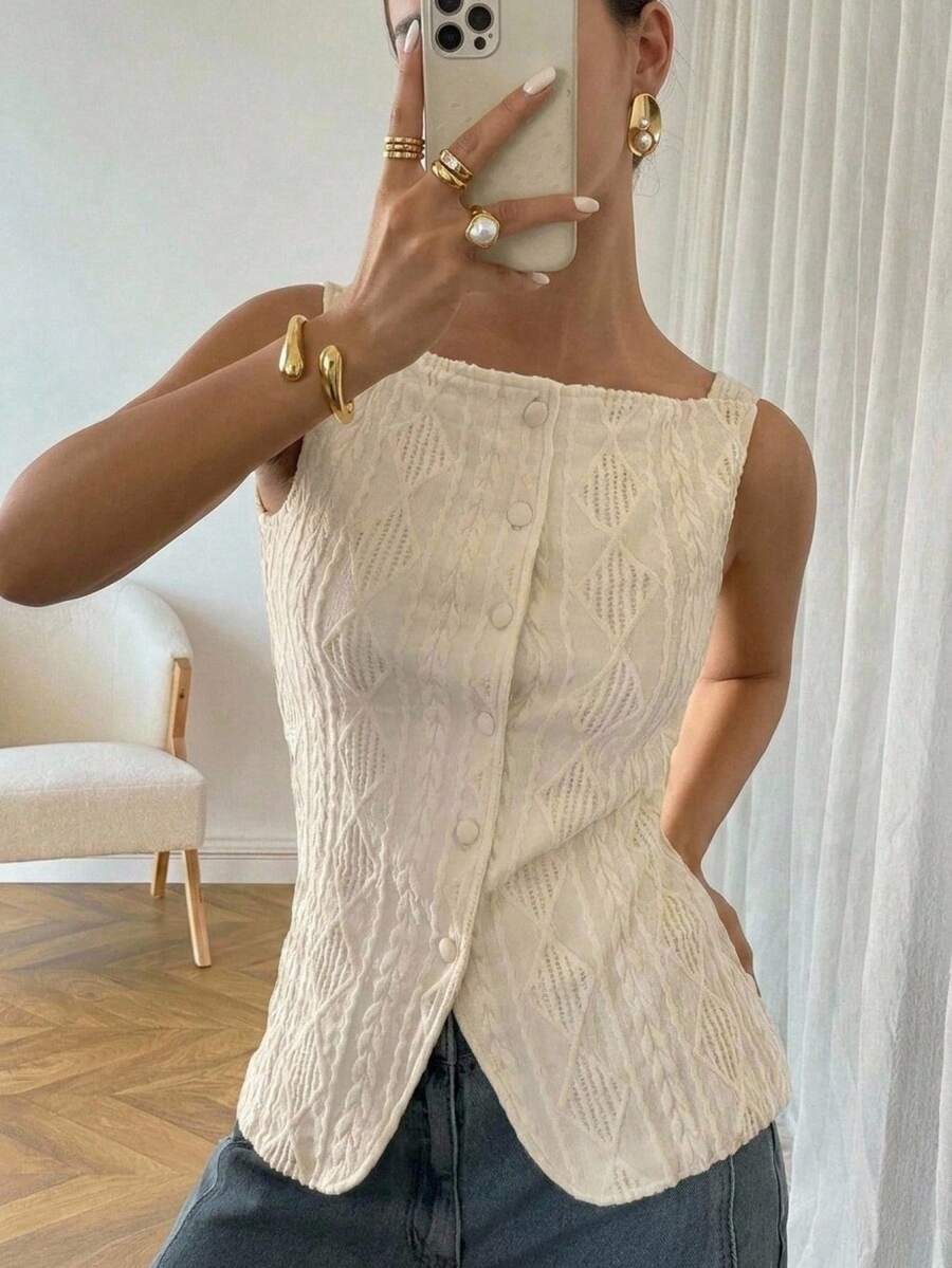 SHEIN Teen Girl/Teen Girls Textured Knit Sleeveless Shirt, Apricot - Apricot - View 1