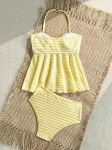 SHEIN Tween Girls Knit Striped Textured Pink Halter Neck Ruffle Swimsuit Set - Yellow - View 2
