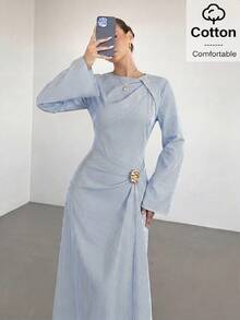 Siren Gaze 女款純色扭結設計前金屬扣裝飾喇叭袖長袖洋裝，女款婚禮賓客禮服，女款冬季洋裝 - 藍白色 - 查看 6