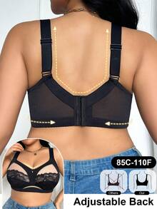 DesireSculpt Plus Size Adjustable Lace Contrast Mesh Comfortable Bra, Spaghetti Strap, Lift Support, Wireless, For Large Bust - Black - View 2
