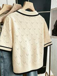 SHEIN CURVE+ Plus Size Women's Apricot Minimalist Casual Lapel Short Sleeve Polo Knit Top, Daily Simple Commute, Summer Top, Holiday, Party Top, Mother's Graduation, Elegant, Casual, Vacation, Formal Wear, Women's Office Wear, Business Professional Women, Regular Fit Short Sleeve Colorblock Apricot Loose Straight Pullover Knit Top, Spring/Summer Neckline Design Decorated With Fashionable Plant Pattern - Multicolor - View 2