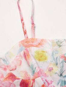 SHEIN 少女碎花荷叶边休闲度假吊带裙 - 粉色 - 查看 5