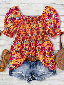 Linhara Square Neck Petal Sleeve Vintage Ditsy Floral Waist-Cinching Plus Size Shirt - Multicolor - View 2
