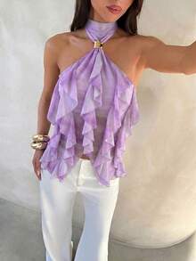 Aloruh Women's Elegant Multi-Layer Ruffle Decor Stand Collar Fitted Tank Top - Mauve Purple - View 3