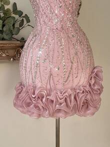 Lovelzi Pink Sequin Fabric Strapless 3D Floral Decor Bachelorette Party Wedding Graduation Season Vacation Afternoon Tea Outfit Prom Dress Cocktail Gown - Pink - View 2
