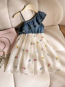 SHEIN Elladie kids 女童時尚雙層荷葉邊不對稱肩帶牛仔拼接刺繡網紗A字洋裝，粉色蝴蝶結裝飾，夏季街頭風 - 彩色 - 查看 2