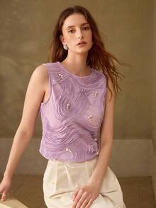 MOTF PREMIUM Atasan wanita elegan bergaya Prancis dengan motif gelombang bordir tebal. - Mauve Purple - View 7
