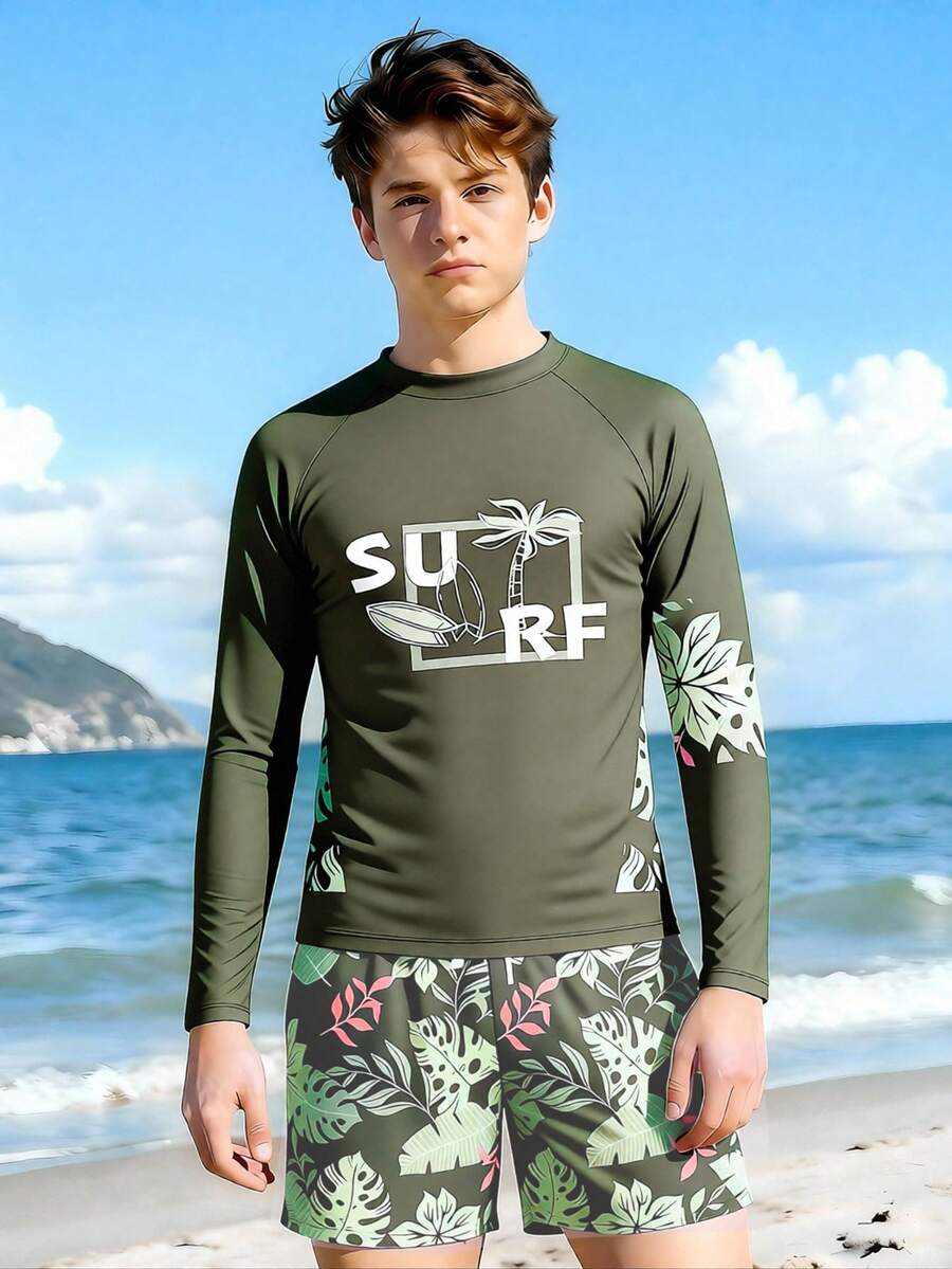 SHEIN 青少年男孩泳裝,休閒度假藍色棕櫚樹針織梭織長袖兩件式泳衣,沙灘短褲,時尚休閒精緻優雅,適合游泳、夏季度假、夏季沙灘 - 軍綠色 - 查看 1