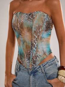 SHEIN BAE Top de corsé con ballenas y estampado animal tipo bandeau casual para mujer, primavera/verano, adecuado para vacaciones, vacaciones en la playa, vacaciones casuales con hermanas, corsé con estampado animal, corsé de malla con ballenas y estampado animal, ropa casual, ropa casual para vacaciones - Azul - Ver 3