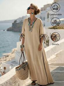 Breezaya Summer Casual Vacation Loose Fit Colorblock Trim V-Neck Women's Dress - Khaki - View 4