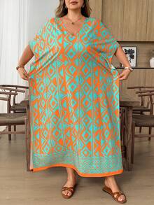 SHEIN CURVE+ Plus Size Women's Geometric Print Batwing Sleeve Dress - Multicolor - View 7
