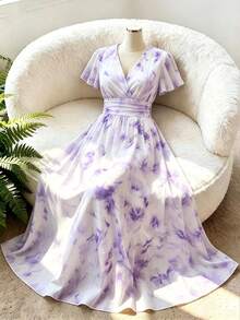 GlowEve CURVE Summer Light Purple Tie Dye Print Chiffon Dress With Deep V-Neck Design, Flutter Sleeves (Ruffle Short Sleeves), Plus Size - Multicolor - View 1