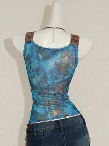 SHEIN ICON Áo tank top nữ ôm sát cổ chữ V màu nâu, phối ren họa tiết da báo, phong cách vintage Y2K thiên niên kỷ gợi cảm hot girl - Màu xanh lam - Xem 2
