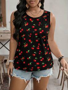 SHEIN VCAY Plus Size Cherry Print Round Neck Sleeveless Tank Top - Multicolor - View 5
