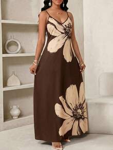 SHEIN Lady Plus Size Floral Print Cami Vacation Casual Elegant Dress Vacation Chocolate Brown Summer Vacation - Brown - View 3