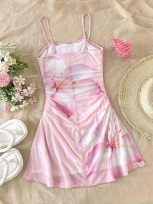 SHEIN 粉色少女碎花荷叶边吊带连衣裙 - 粉色 - 查看 2