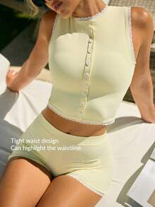 Fluxe Camiseta deportiva ajustada de mujer con botones y decoración de encaje en contraste para el verano - Butter Yellow - Ver 6