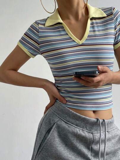 Aidyla 女士条纹针织撞色下摆立领A字型休闲通勤上衣，春夏款