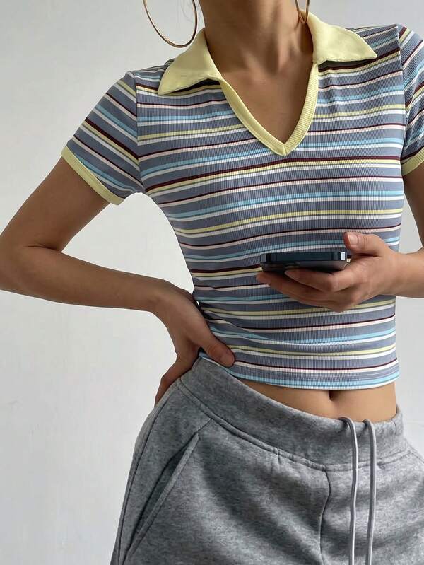 Aidyla 女士条纹针织撞色下摆立领A字型休闲通勤上衣，春夏款