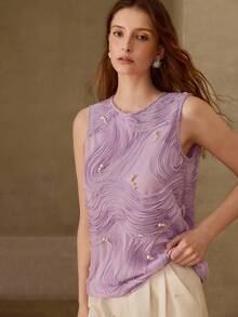 MOTF PREMIUM Atasan wanita elegan bergaya Prancis dengan motif gelombang bordir tebal. - Mauve Purple - View 4