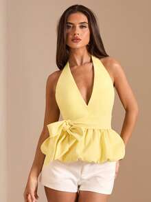 SHEIN BAE Spring/Summer Solid Yellow Deep V-Neck Halter Backless Puff Blouse For Women - Light Yellow - View 6