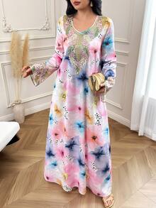 Yasmyna Women's Floral Print V-Neck Long Sleeve Elegant Abaya Holiday - Multicolor - View 8