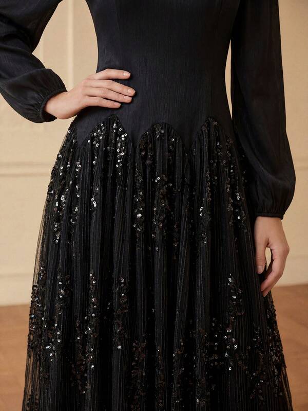 ZEYLAH Spring/Summer Mesh Patchwork Beaded Embroidery Long Sleeve Dress