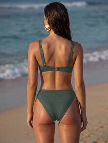 Swim Basics 女款素色夏季度假海灘比基尼套裝 - 墨綠色 - 查看 3