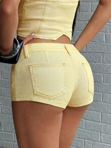 Women's Solid Color Slim Fit Denim Shorts Y2K Style - Yellow - View 2