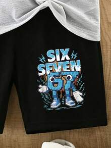 SHEIN 2件組男孩休閒圖案T恤與短褲套裝，卡通數字67閃電印花，夏季紫色職業日運動街頭風，舒適 - 彩色 - 查看 4