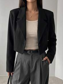 DAZY Spring And Autumn Casual Solid Color Lapel Collar Short Blazer Jacket,Fall Women Clothes Business Attire - Black - View 8