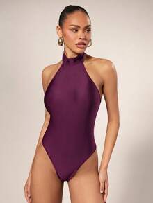Hauture Women's Solid Color Halter Neck Sleeveless Backless Girly Bodysuit Club Night Plum Purple Summer - Purple - View 3