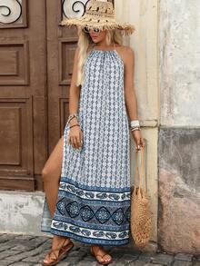 Brillora Women's Halter Neck Tassel Rope Tie High Slit Backless Vacation Print Dress Vacation White And Blue Floral Summer Boho - Multicolor - View 3