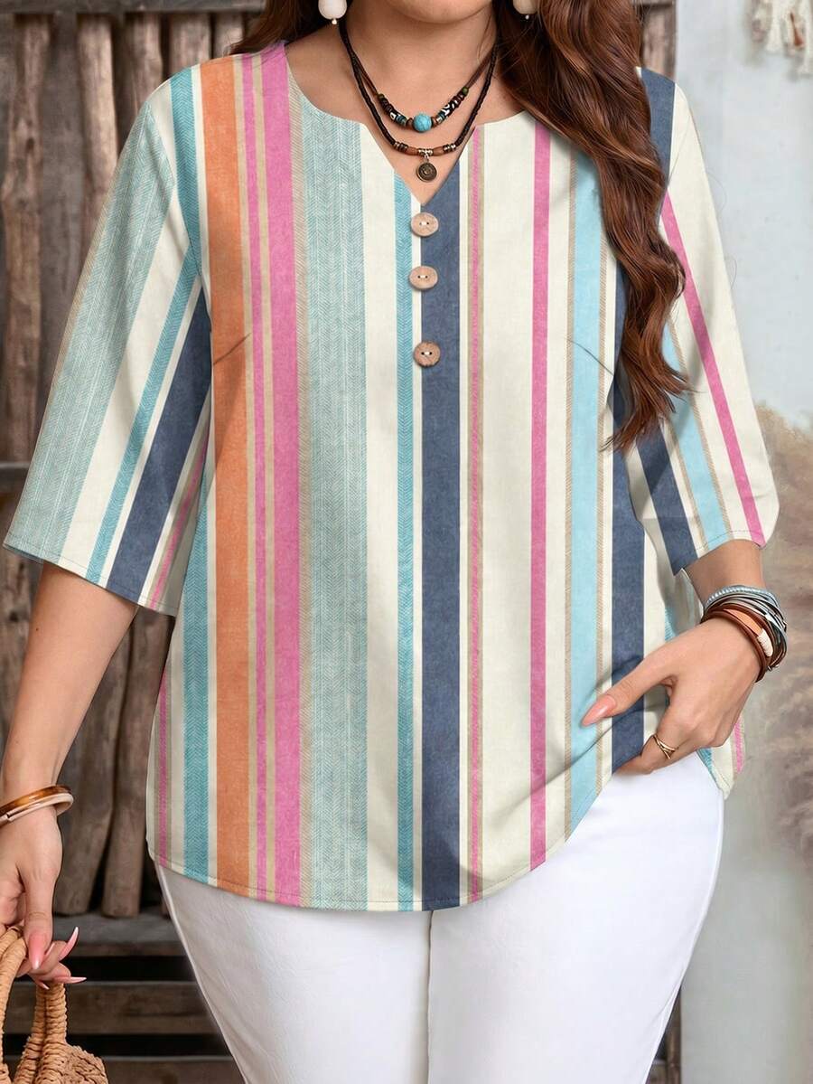 EMERY ROSE Casual Minimalist Style Colorful Faux Texture All-Over Print Pattern Vacation Stripe Women's 3/4 Sleeve Shirt Suitable For Spring And Summer - Multicolor - View 1